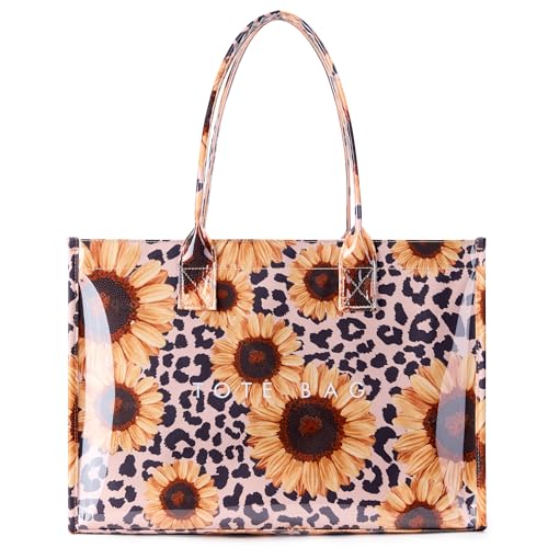 KALIDI PVC Tote Bag Women’s Kraft Paper Work Handbags Purses with Top Handle - color: Leopard Sunflower