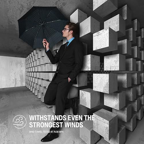 Knirps T.200 Duomatic Compact Rain Umbrella in Men's Stripe– Wind Tunnel Tested to 93 mph, Aluminum Steel Fiberglass Frame, 38in Canopy, OEKO-TEX, High-Performance Automatic Travel Umbrellas - color: Men's Stripe