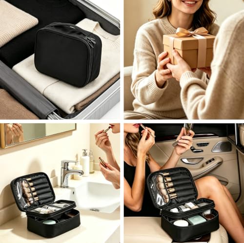 Greenfeather Makeup Travel Organizer, Travel Cosmetics Bag Makeup Organizer with Adjustable Dividers Open Flat Toiletry Bag for Women with Brush Compartment & Handle, Black - color: Black