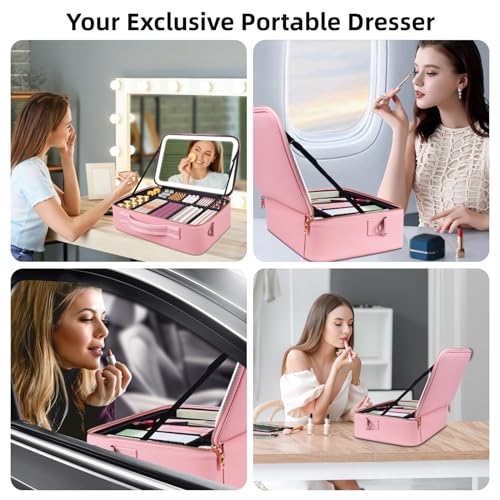 Upgraded Large Travel Makeup Bag with LED Mirror, 15” Makeup Case - color: Pink