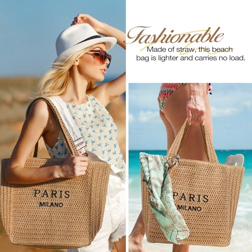 Tavaleu Large Capacity Straw Beach Bags Travel Shoulder Handbags for Women - color: Khaki - Paris