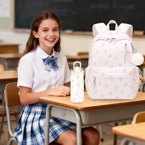 4PCS Corduroy Girls Backpack w/ Water Bottle & Lunch Bag (Beige Bow Tie) - color: 2-beige Bow Tie
