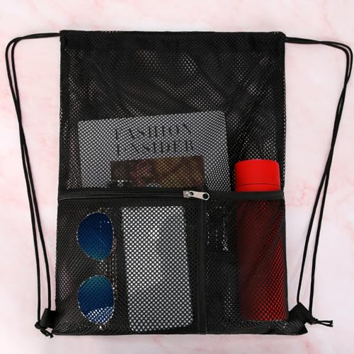 NATURAL STYLE 2 PACK Mesh Drawstring Backpack Bag, Multifunction Mesh Bag for Swimming, Athletic Gym, Clothes, Beach, Swim (Black) - color: Black