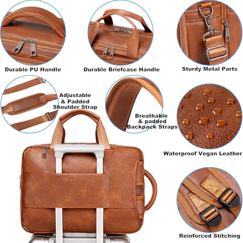 weiatas 3-in-1 Vegan Leather Convertible Laptop Bag for Men Women, Expandable Travel Backpack Work Briefcase Messenger Bag - color: Brown