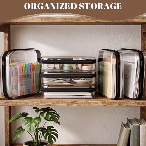 12 Pack Clear Hard Shell Zipper Case with 40 Labels, X-Large/Medium/Small Stackable Clear Pouches, Crush-resistant Travel Toiletry Bag Organizer for Makeup Board Games Electronics (Black) - color: Black