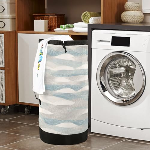 Blue Gray Waves Geometric Ocean Laundry Backpack Bag with Adjustable Shoulder Straps Handle Dirty Laundry Hamper Bag for Traveling Camp College Dorm Heavy Duty Waterproof Large Capacity - color: Blue Gray Waves Geometric Ocean