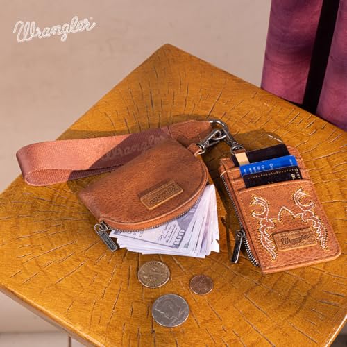 Wrangler Keychain Wristlet Wallets for Women Western Dual Pouch Wristlet Credit Card Holder Wallet - color: B-Brown