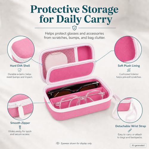 GWCASE Portable 2 in 1 Contact Lens Case and Glasses Case for 2 Pairs - color: Pink and White Zipper