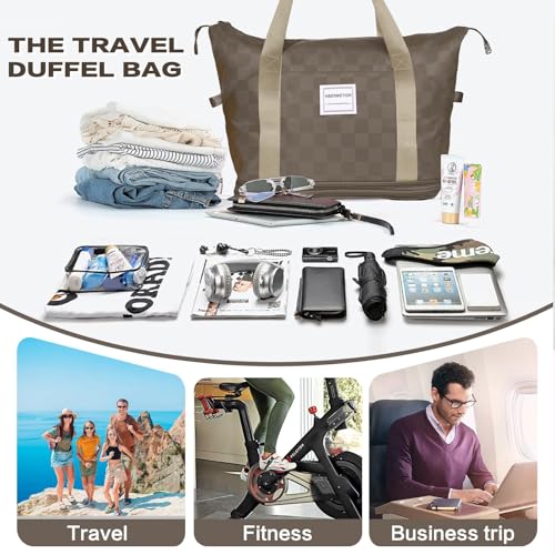 Expandable Rolling Duffle Bag - Large Carry-On With Spinner Wheels, Foldable Weekend Travel Bag, 28-58L Capacity(BackpackKhaki Checkboard) - color: Backpack-Khaki Checkboard, style: Backpack