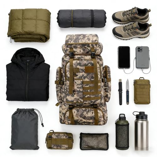 Hiking Backpack 80L with Carabiner Clips Packable Lightweight Camping Backpack Men Women Waterproof Hiking Daypack Travel Bag (CAMO-A, 80L) - color: Camo-a