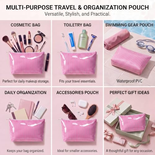 Large PVC Waterproof Striped Makeup Bag(17Rose Red) - color: 17Rose Red