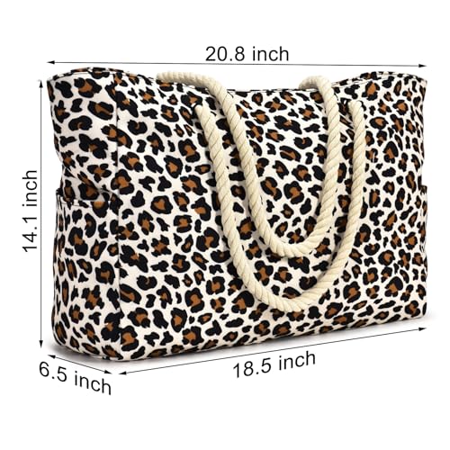 Becokan Beach Bag Large Beach Tote Bag for Women Waterproof Sandproof Swim Pool Bag With Zipper - color: White Leopard