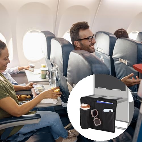 Lasuroa Airplane Seat Back Organizer & Storage - Premium Oxford Cloth Tray Table Cover with Separate Pockets (Black)