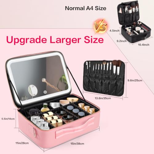 15''X11'' Large Capacity Makeup Bag with LED Mirror, Professional Makeup Case Organizer with 3 Color Light Adjustable Brightness, Travel Make up Cosmetic Case with Detachable Dividers & Shoulder Strap - color: Pink, style: Integrated