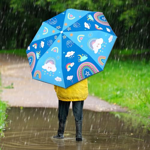 Autoamtic Kids Umbrella UV Resistant, Folding Compact Umbrella 360° Reflective Strip for Travel Outdoor, Lightweight Cute Kids Parasol Anti-rebound Safe for Toddler - color: Rainbow
