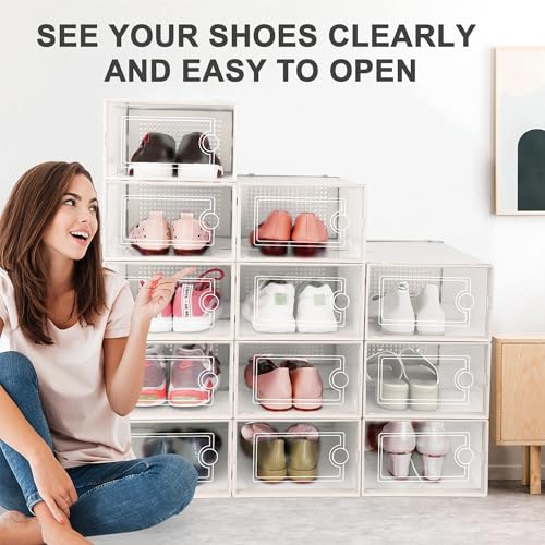 Kuject 12 Pack Large Shoe Boxes, Clear Stackable Containers with Lids,White - color: White