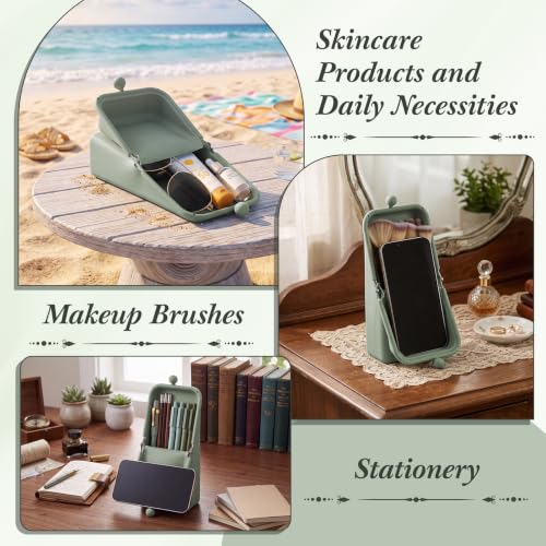 Kacctyen Makeup Brush Case Silicone Standing Makeup Brush Holder,Sage Green - color: Sage Green