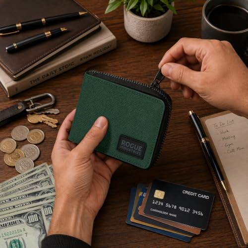 ROGUE WALLET Leather & Nylon Zip Wallet for Men, RFID Blocking, Green - color: Green