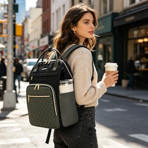 EMPSIGN 17 Inch Laptop Backpack for Women, Black-Army Green - color: Black/Army Green
