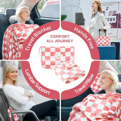Travel Blanket and Pillow Compact, Premium Soft 2 in 1 Airplane Blanket with Soft Bag Pillowcase,Hand Luggage Sleeve and Backpack Clip (Ckeckered Pink) - color: Checkered Pink