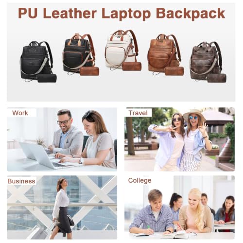 AGLOD Vegan PU Leather 15.6 Inch Laptop Backpack Purse for Women with Top Handle - color: Ks09-beige-brown-new