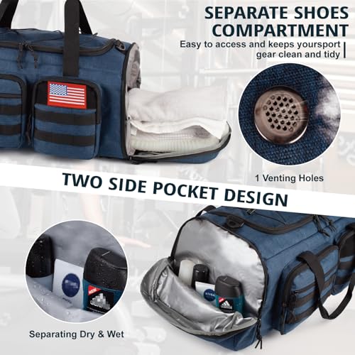 Tactical Gym Bag for Men,50L Large 3-in-1 Sports Duffle Bag for Travel Gym - color: Blue
