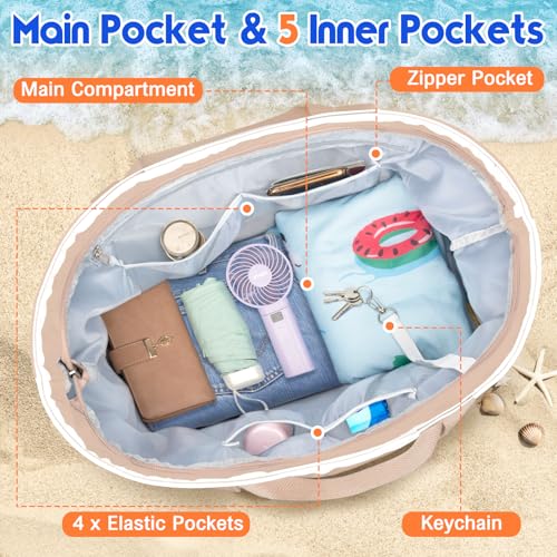 BKNOOU Extra Large Beach Bags Waterproof Sandproof XL Beach Tote Bag for Women Zipper Foldable Swim Pool Bag with Wet Pocket - color: Khaki White (With a Small Handbag)