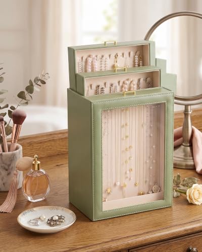 Huquary 3 Layer Vertical Necklace Organizer Box, Light Green - color: Light Green