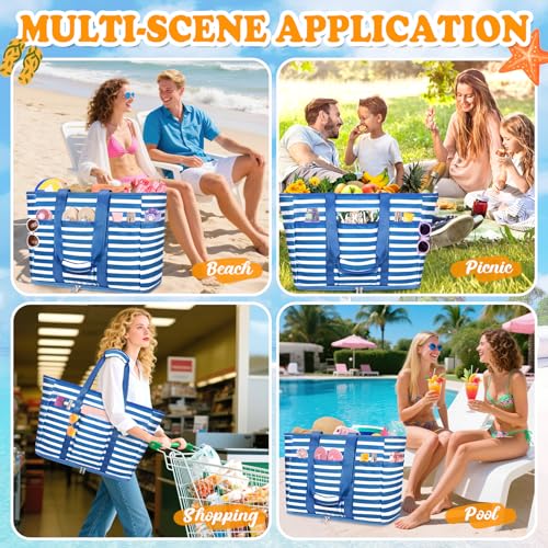 Large Beach Bag with Zipper, 12 Pockets Waterproof Sandproof Pool Bag Womens Mesh Beach Tote Bag for Travel Vacation - color: Navy Blue