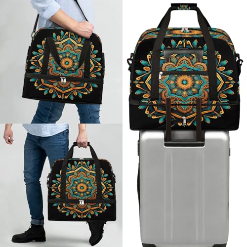 Travel Duffle Bags With Shoes Compartment for Women Men Mandala Flower Ethnic Boho Lightweigh Sports Tote Gym Bag Foldable Canvas Weekender Overnight Carry On Luggage Handle Bag - color: A02: Mandala