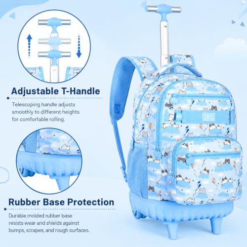 KLFVB Rolling Backpack for Girls and Womens, 3PCS Roller Bookbag with Lunch Bag for Kids, Wheeled School Bag for Children - Blue Cloud Cat - color: Blue Cloud Cat