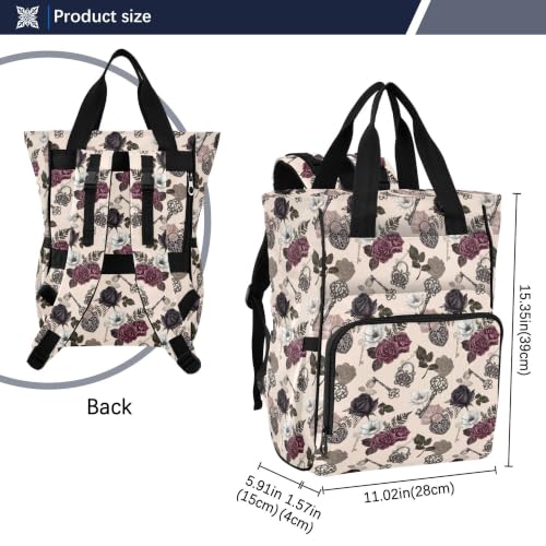 Mnsruu Diaper Bag Rose Gothic Key Lock Large Changing Backpack Multifunction Travel Tote Mommy Bag Baby Diaper Backpack for Mom Dad - color: Rose Th0012