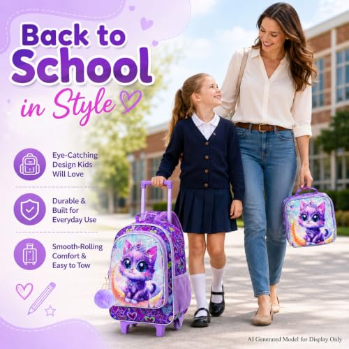 KLFVB Rolling Backpack for Girls Boys, Kids Roller Wheels School Bookbag with Lunch Bag, Wheeled School Bag for Children - color: Reversible Sequins Moon Cat Rolling Backpack Set