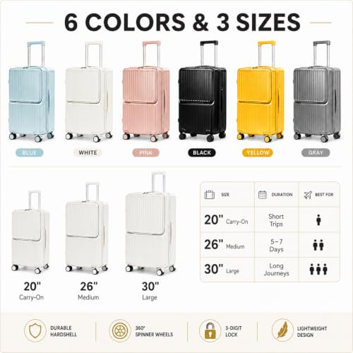 26 Inch Carry On Luggage with Front Opening, Hardside Suitcase with USB Port, Cup Holder, Bag Hook, 360° Spinner Wheels and 3-Digit Lock, White - color: white, size: 26 Inch