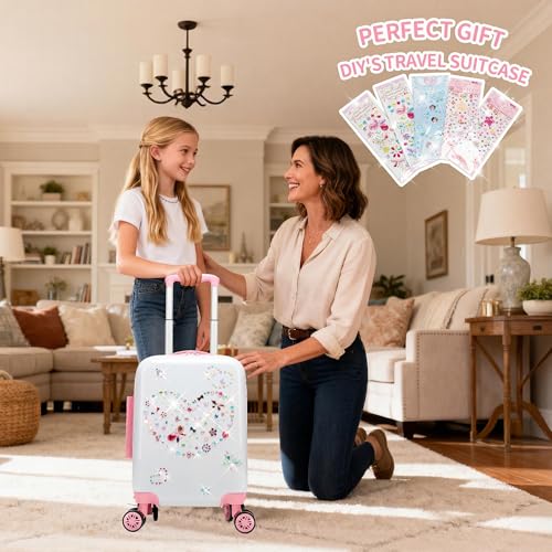 Kids Luggage Sets 2 Piece Pink Rolling Suitcases for Girls with Wheel Shardshell 16" Travel Suitcase with 10 Sheets Gem Stickers - color: A Pink