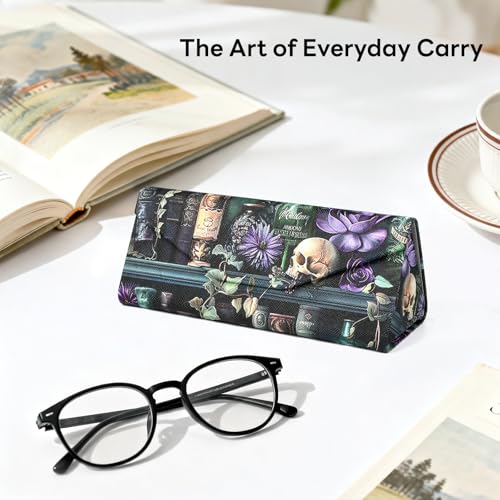 Sunglasses Case, Foldable Glasses Case, Magnetic PU Leather Hard Shell Folding Eyeglass Holder Box - color: Skull Bookself