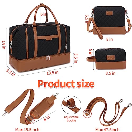 Weekender Bag, Large Travel Duffel Bag for Women, Carry on Overnight Bag with Shoe Compartment and Toiletry Bags - color: Black-Brown