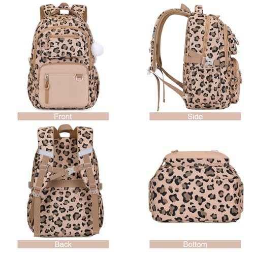 Bevalsa Backpack for Girls Backpack for School with Lunch Bag Pencil Case - color: Brown Leopard