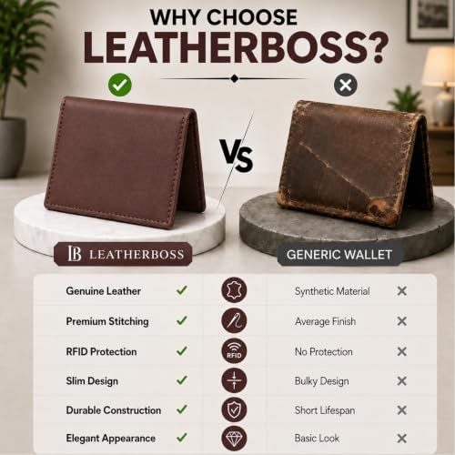 Leatherboss Slim Thin Leather Credit Card Id Mini Wallet Holder Bifold Driver's License Safe (Wine) - color: Wine
