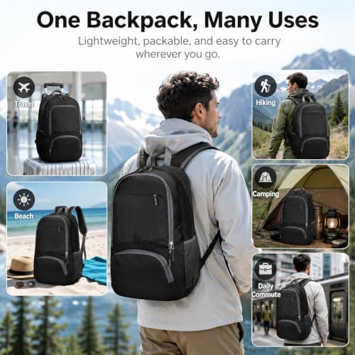Foldable Backpack Waterproof Lightweight, 20-35L Packable Travel Daypack for Men & Women, High-Density Fabric for Air Travel, Hiking, Beach, Theme Parks, Gym & Shopping