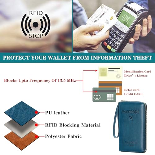 Leather RFID Blocking Passport Holder Travel Wallet, Passport Cover/Travel Wallet for Women/Men with - color: Peacock Blue