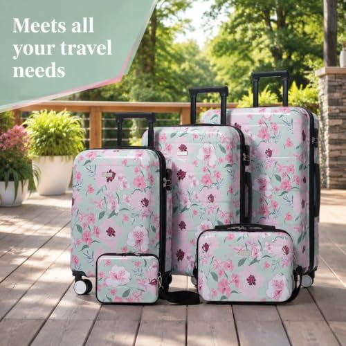 5-Piece Hardside Lightweight Impact-Resistant Luggage Set with 20/24/28 Inch Suitcases, 8/14 Inch Carry Cases, Combination Lock, Smooth Spinner Wheels for All Travel Needs - color: Green & Pink Flower