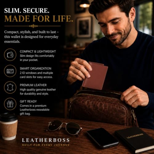 Leatherboss Slim Thin Leather Credit Card Id Mini Wallet Holder Bifold Driver's License Safe (Chocolate) - color: Chocolate