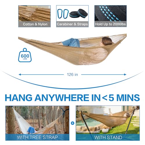 PNAEUT Handwoven Rope Mayan Hammock for Outside, 600 lbs Capacity - color: Tan, size: X-Large