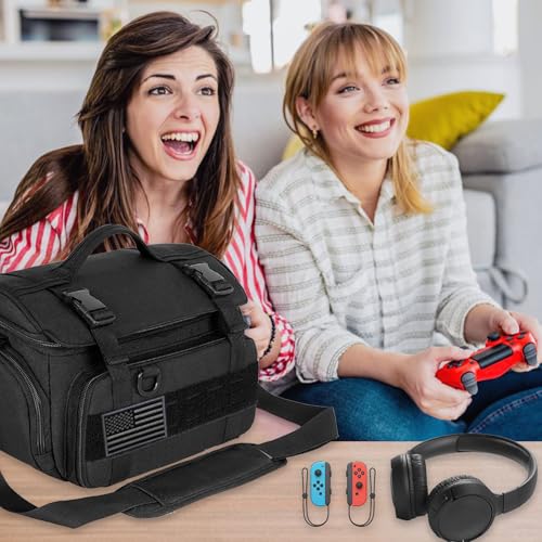 ALSLEA Tactical Travel Gaming Bag Compatible with Nintendo Switch/ Switch 2 All in One Carrying Case for Steam Deck, AC Adapter, Controllers, Protective Bag with Flag Patch &18 Game Card Slots (Black)