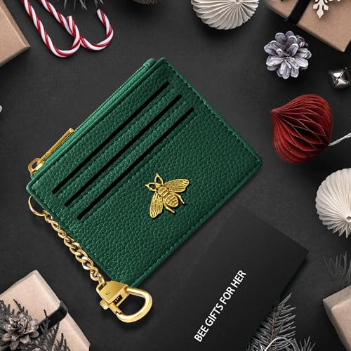 SEAVILIA Credit Card Holder Small Keychain Wallet for Women RFID Blocking - color: Litchi Green