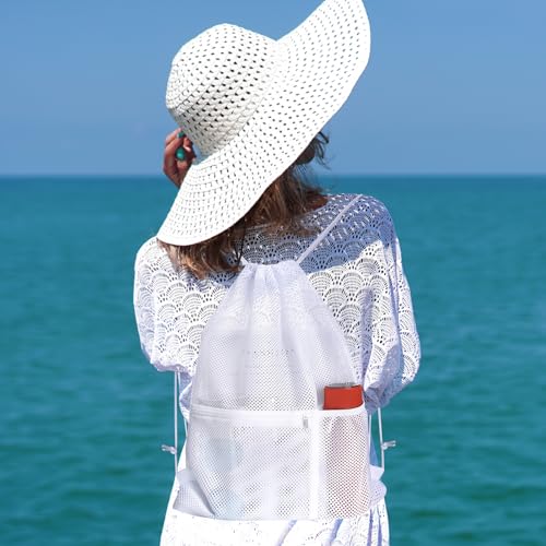 NATURAL STYLE 2 PACK Mesh Drawstring Backpack Bag, Multifunction Mesh Bag for Swimming, Athletic Gym, Clothes, Beach, Swim (White) - color: White