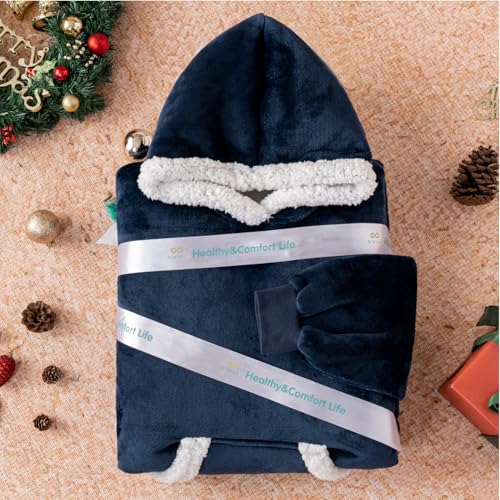 Sioloc Wearable Blanket Hoodie for Women/Kids/Men, Oversized & Cozy Sherpa Lined Hoodie Sweatshirt Blanket - color: Navy, size: Oversized