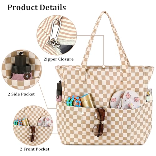 LEDAOU Large Beach Bag for Women, Waterproof Sandproof Tote Bag with Zipper - color: Brown