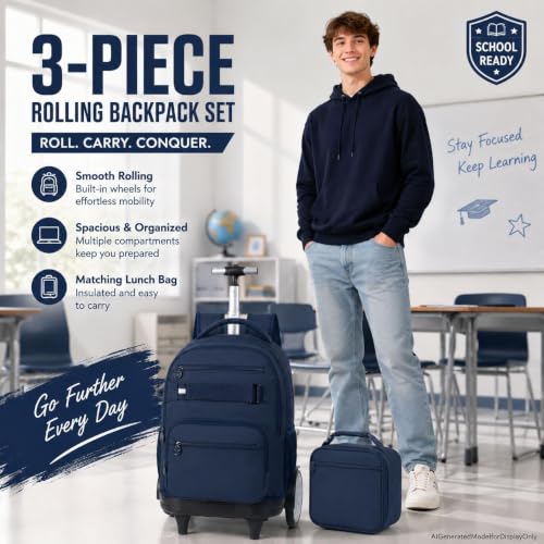 3Pcs Large Wheels Rolling Backpack for Boys Men, 20 Inches Detachable Wheeled Backpack Set, Water Resistant Roller Backpack for Travel Work College School (Blue) - color: Cassic-bue (Large Wheels)